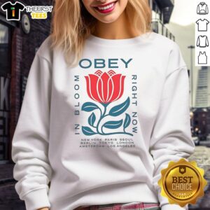Top Obey in Bloom sweatshirt featuring vibrant floral design, perfect for urban style in cities like New York and Paris.