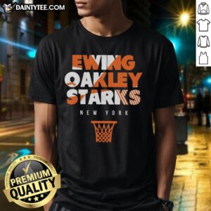 Premium New York Knicks Ewing Oakley Starks Hoop Vintage T-Shirt featuring iconic player graphics and classic design.
