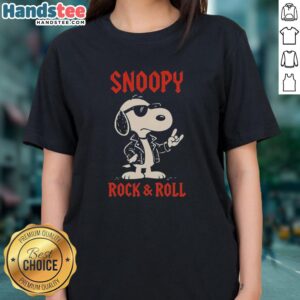 Awesome Snoopy Rock and Roll cartoon ladies tee featuring Snoopy in a vibrant rock style design.
