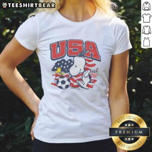 Alt Text: Nice Peanuts Snoopy X US Soccer Ladies Tee featuring Snoopy in soccer gear, perfect for fans and casual wear.