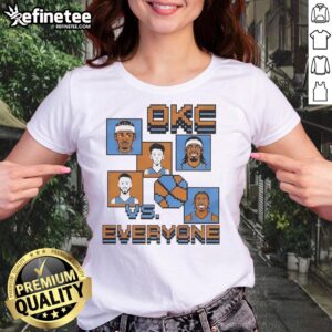 Alt Text: Premium Oklahoma City Thunder OKC Vs Everyone 8-Bit Ladies Tee featuring vibrant graphics and stylish design.