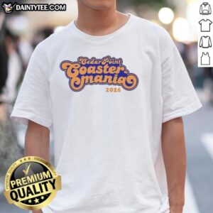 Nice Cedar Point Coastermania 2026 T-shirt featuring vibrant graphics and a fun design for roller coaster enthusiasts.