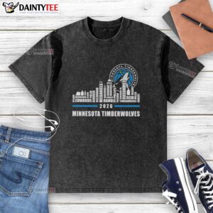2026 Minnesota Timberwolves washed t-shirt featuring skyline design and player names, perfect for fans and collectors.