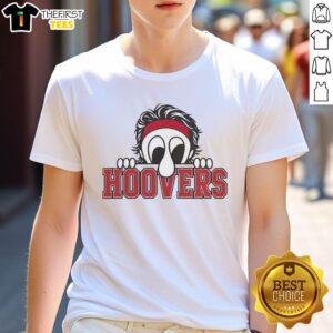 Premium Hoovers Peeking Character Red Headband T-Shirt featuring a fun cartoon design and vibrant colors for stylish wear.