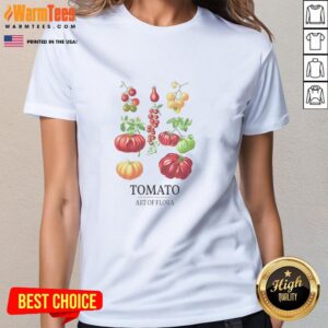Premium Tomato Art of Flora Ladies Tee featuring vibrant floral design, perfect for stylish womens casual wear.