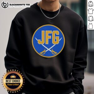 Good Buffalo Sabres JFG River Hockey Academy logo sweatshirt featuring team colors and design elements.