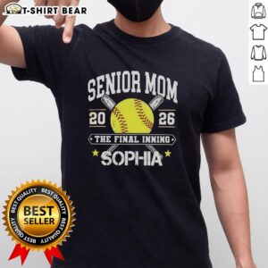 Nice Senior Mom 2026 softball t-shirt featuring crossed bats design, perfect for celebrating the final inning.