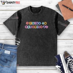 Colorful 'I Think I'm Becoming Bi' t-shirt design showcasing the phrase 'Good Queer Awakening' for LGBTQ+ pride and self-discovery.