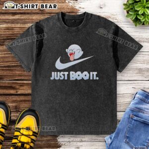 Alt Text: Awesome Boo Super Mario Games Just Boo It washed t-shirt featuring a playful Boo character design.