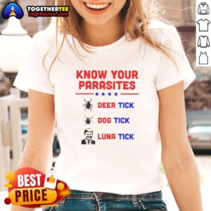 Good Know Your Parasites tee featuring deer tick, dog tick, and Luna tick illustrations for tick awareness.