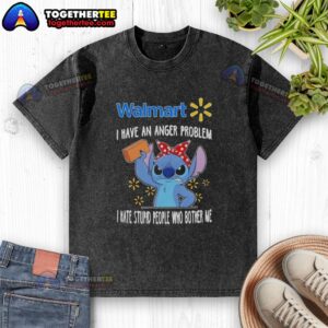 Alt Text: Pretty Stitch X Walmart 'I Have An Anger Problem' washed t-shirt featuring bold text on a casual design.