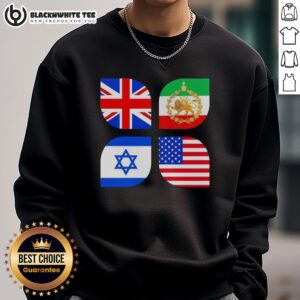 Alt Text: Awesome Union Jack, Iran, Israel, and USA flag sweatshirt showcasing a vibrant international design.