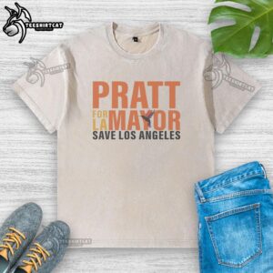 Alt Text: Premium Spencer Pratt for Mayor Save Los Angeles logo on a washed t-shirt, promoting local activism and style.