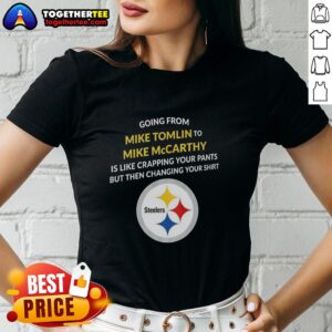 Stylish Pittsburgh Steelers ladies tee featuring Mike Tomlin and Mike McCarthy designs, perfect for fans.