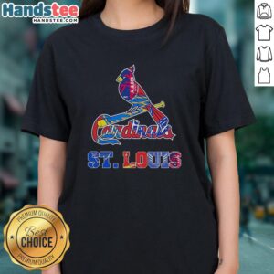 Alt Text: Stylish mashup of St. Louis sports logos, featuring Cardinals, Blues, City SC, and Battlehawks on a ladies' tee.