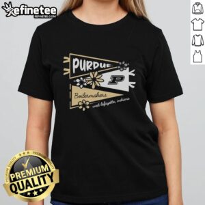 Good Purdue Boilermakers flags displayed at West Lafayette, Indiana, with a stylish ladies tee showcasing school spirit.