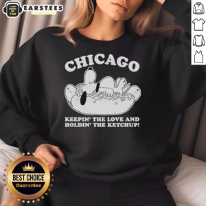 Hot Chicago Snoopy sweatshirt featuring playful design of Snoopy holding ketchup, perfect for casual wear and fan apparel.