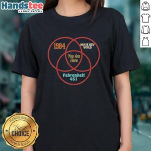 Alt Text: Venn diagram featuring 'Brave New World,' 'Fahrenheit 451,' and 'You Are Here' for dystopian literature on a ladies tee.