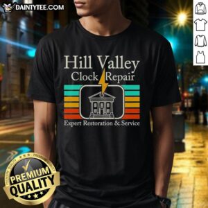 Alt Text: Awesome Hill Valley Clock Tower T-Shirt inspired by Back to the Future featuring iconic timepiece design.