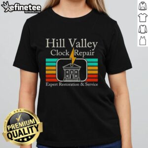 Expert clock repair service for Hill Valley's iconic timepieces, inspired by Back to the Future. Ladies tee design.