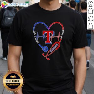 Top Texas Rangers Stethoscope Heartbeat T-Shirt showcasing a heart design, perfect for baseball fans and medical professionals.