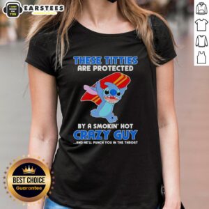 Alt Text: Cute Stitch graphic tee featuring a humorous quote by a smokin' hot guy, perfect for ladies who love fun fashion.