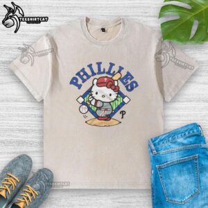 Official Hello Kitty X Philadelphia Phillies Swing Washed T-Shirt featuring a playful design and vibrant team colors.