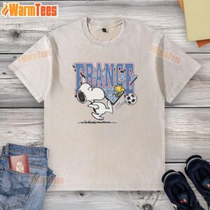Cute Peanuts Snoopy X France soccer washed t-shirt featuring playful design, perfect for fans and casual wear.