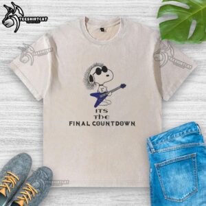 Good Snoopy Peanuts It's The Final Countdown washed t-shirt featuring a playful design of Snoopy and friends.