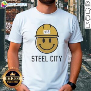 Good Icon Steel City 412 Smiley Hardhat T-Shirt featuring a cheerful design for construction enthusiasts.