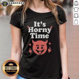 Funny Devil It's Horny Time Ladies Tee featuring a playful devil graphic, perfect for humorous casual wear.