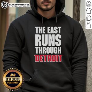 Alt Text: Stylish Detroit Pistons hoodie featuring The East Runs Through slogan, perfect for basketball fans and fashion enthusiasts.