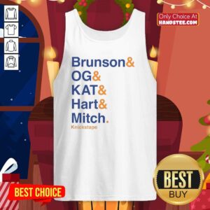 Alt Text: Pretty New York Knicks NBA tank top featuring player names: Brunson, OG, Kat, Hart, and Mitch in vibrant design.