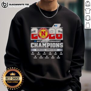 Alt Text: Premium Nebraska Cornhuskers 2026 Big Ten Softball Tournament Champions Sweatshirt in red with team logo.