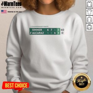 Alt Text: Official Sinner Alcaraz sweatshirt featuring scoreboard from championship match points and scores.