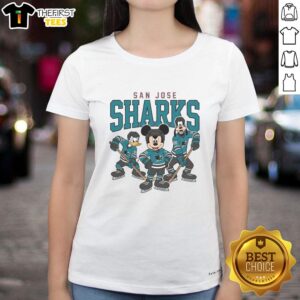 Alt Text: Ladies tee featuring San Jose Sharks Disney team logo, perfect for ice hockey fans and stylish game day attire.