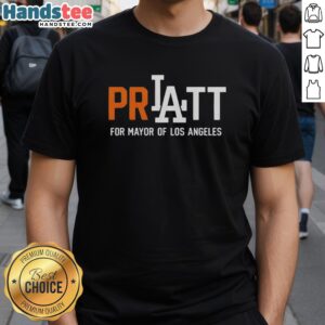 Top Pratt For Mayor Los Angeles 2026 T-Shirt featuring bold graphics and vibrant colors promoting the mayoral campaign.