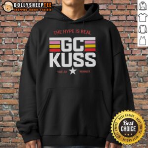 Sepp Kuss wearing a Good Gc Kuss La Machine Team Jumbo Visma hoodie, showcasing team spirit and cycling fashion.