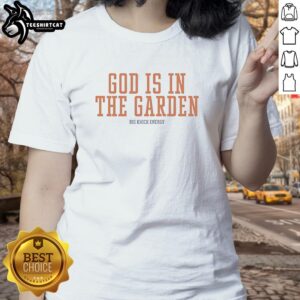 Premium New York Knicks 'God Is In The Garden' ladies tee showcasing big Knick energy and vibrant team spirit.