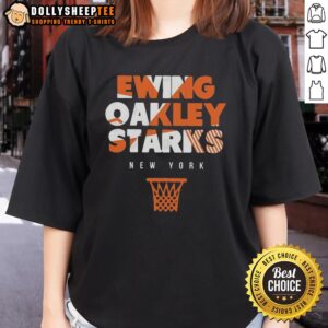 Vintage ladies tee featuring New York Knicks legends Ewing, Oakley, and Starks in a classic hoop design.