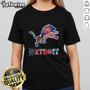 Collage of Detroit Lions NFL logo and other Detroit sports teams on a ladies tee, showcasing team spirit and style.
