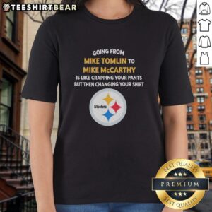 Funny meme comparing Mike Tomlin to Mike McCarthy with a humorous twist on changing a ladies' tee.