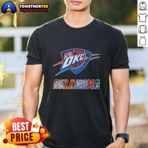 Awesome T-shirt featuring Oklahoma City Thunder, Oklahoma Sooners, Oklahoma State Cowboys, and Tulsa Golden Hurricane logos.