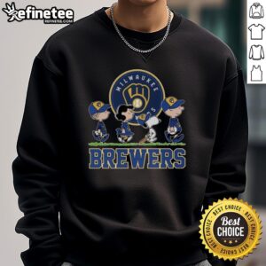Alt Text: Snoopy, Charlie Brown, Linus, and Lucy in Milwaukee Brewers baseball jerseys and sweatshirts, celebrating team spirit.