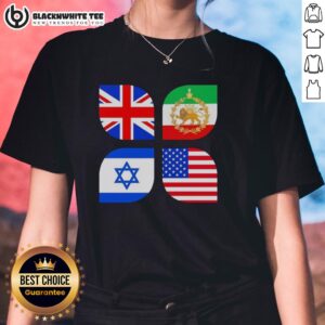 Stylish ladies tee featuring a unique Union Jack, Iran, Israel, and USA flag design for a bold fashion statement.