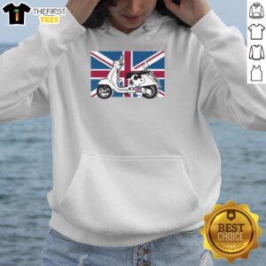 Alt Text: Cute Peanuts Union Jack scooter Snoopy hoodie featuring vibrant colors and playful design for fans of Peanuts merchandise.
