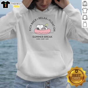 Cute Peanuts summer break hoodie featuring Snoopy enjoying sand, surf, and sun on a vibrant beach backdrop.