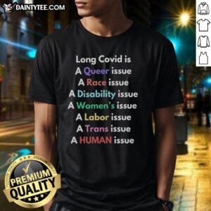 Official Long Covid T-Shirt featuring 'Queer Race Disability Women' design, highlighting trans human issues and advocacy.