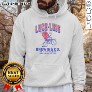 Official Luce Line Brewing hoodie showcasing 'The Number 1 Stop for Beers Along the Luce Line Trail' design.