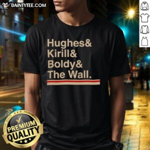Alt Text: Official Minnesota Hockey Hughes Kirill Boldy The Wall T-Shirt featuring bold graphics and team colors.
